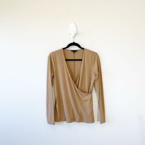 Banana Republic Women's Ribbed Faux Wrap Long Sleeve Tee Top Brown Sugar Medium